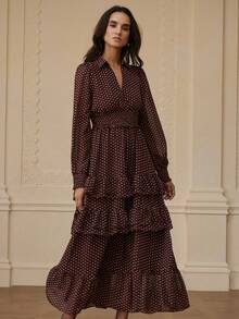 Aveloria Rosie 秋冬复古波点随机印花雪纺连衣裙，荷叶边下摆，多层收腰设计，优雅长袖连衣裙 - 彩色 - 查看 4