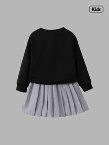 Sweetra 2pcs/Set Young Girl' Sweatshirt Top And Heart Decor Pleated Skirt Set, Spring Autumn Chic Outfits For Autumn/Winter - Black - View 2