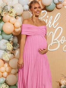 Loomaby Vestido elegante de maternidad de unicolor con pliegues y hombros descubiertos - Rosa - Ver 6
