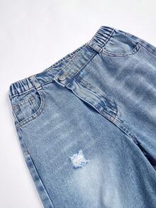 SHEIN ChillGRL Quần jean denim ống đứng, dáng suông, dáng suông, cạp chun cơ bản, thiết kế cạp chun, màu xanh nhạt, quần rách, phù hợp với mọi mùa, chất liệu vải thoải mái - Rửa nhẹ - Xem 6