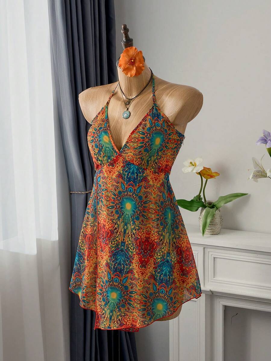 Bellisia Women's Halter Neck BOHO Crazy Paisley Fringe Hem Cover Up Coverup Boho Swimsuit Short Beach Dress Summer Sexy Dress Hippie Top Swimdress Women's Beach Fashion Party - Multicolor - View 1