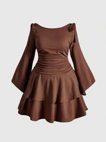 ROMWE Vestido mini ajustado sin espalda y con hombros descubiertos, adelgazante, talla grande - Marrón - Ver 3
