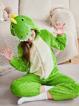 Girls Cozy Green Tyrannosaurus Rex Hooded Jumpsuit Dinosaur Pajamas Green Pajama Set Pajamas For Kids With Plushy Cartoon Pajamas