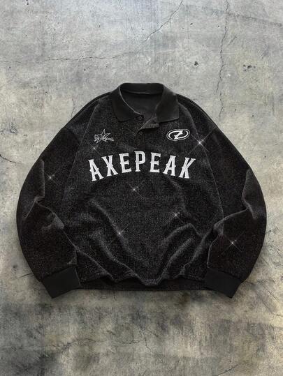 AXEPEAK Camisa polo casual de manga larga con bordado de letras para hombre