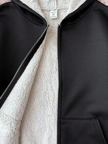 SHEIN Teen Girl Basic Black Thermal Lined Zip-Up Sweatshirt, Suitable For Outdoor Wear, Autumn/Winter Fall - Black - View 4