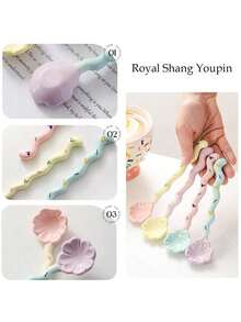 Joivida 1pc Macaron Color Ceramic Long Handle Spoon, Household Dessert Spoon, Stirring Spoon, Coffee Spoon, Ice Cream Spoon, Lovely Floral Shape Christmas Gift,School Supplies - Multicolor - View 6