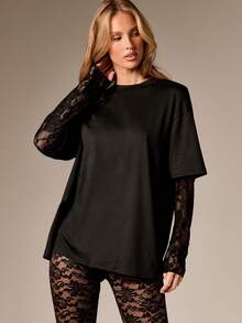 AiiRZ Oversized Layered Lace Sleeve T-Shirt With Sheer Long Sleeves And Relaxed Fit Top - Black - View 1