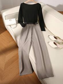 SHEIN Franclia 2 件套：优雅法式通勤黑色方领长袖紧身上衣和条纹西装裤，秋冬 - 黑色 - 查看 2