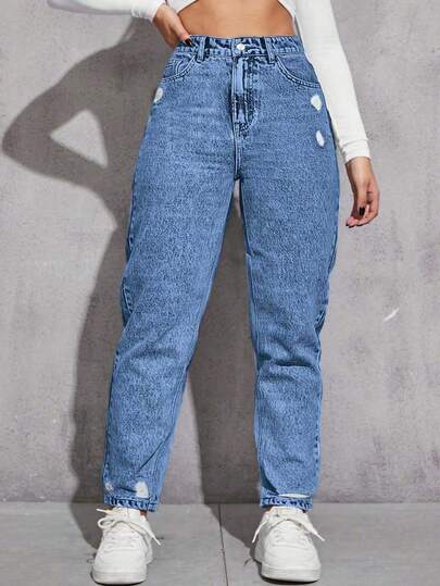 SHEIN ICON Jeans de mezclilla gris rasgados, sin estiramiento, de estilo casual y de vacaciones para mujer de talla grande