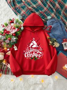 SHEIN LUNE Red And White,Autumn,Smart Casual,Festa Christmas Tree Graphic Print Plus Size Hooded Sweatshirt,Loose Fit Thick Long Sleeve Family Matching Hoodie - Red - View 4