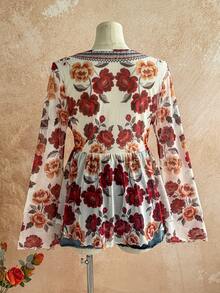 Soleia Damen Große Größen Urlaubs Strick Mesh Vintage Blumen V-Ausschnitt Langarm Fledermaus Bluse mit Vorderband - Verschiedenfarbig - Übersicht 2