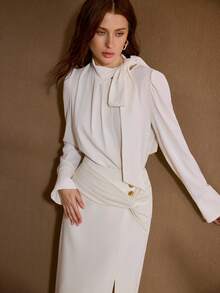 MOTF PREMIUM WOMEN'S SOLID COLOR TIE NECK LIGHTWEIGHT LONG SLEEVE BLOUSE, ELEGANT & VERSATILE - Apricot - View 1