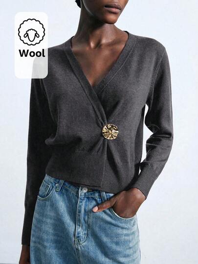 Maija Women's Elegant Deep V-Neck Metal Decor Button Loose Comfortable Raglan Sleeve Basic Minimalist Chic Urban Commute Blouse, Suitable For Business, Casual, Office, Teacher Uniform, Summer