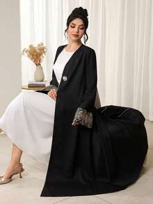 Al Najma Black Long Sleeve Embroidered Applique Contrast Trim Loose Elegant Arabic Abaya Robe - Black - View 6