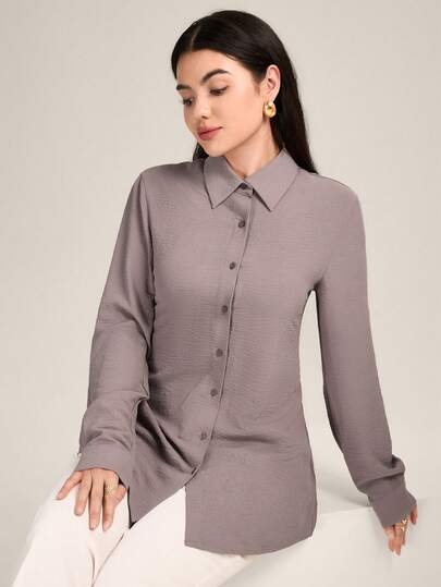 Veilorie Women's Solid Color Regular Shoulder Long Sleeve Tie-Up Fitted Textured Fabric Blouse