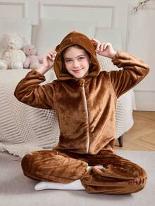 Girls Cute Brown Bear Animal Cartoon Cozy Pajamas Jumpsuit Teen Girl Sleepwear Winter Pajamas For Girls 10 Year Old Clothes Pajama Girls Brown Pajamas - Brown - View 4