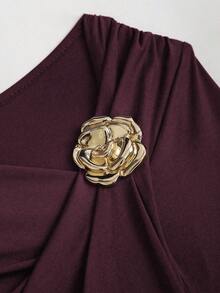 SHEIN PETITE 女款秋冬咖啡色不對稱長袖金屬裝飾層疊荷葉邊下擺迷你洋裝，適合嬌小女性 - 紫色 - 查看 3