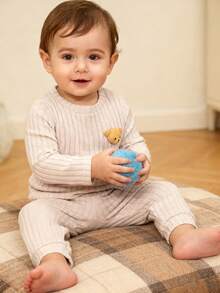 Souflis Souflis 2pcs Baby Boys Cute Ribbed Bear Graphic Long Sleeve Top And Ribbed Long Pants Set, Autumn/Winter