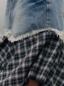 TypaGal Chic Denim Skirt With A Plaid Asymmetric Hem And Raw-Edge Detailing. A Modern Blend Of Textures That Adds Movement And Effortless - Medium Wash - View 6