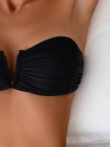 Swim Basics Women's Summer Beach Solid Color Pleated Strapless Sexy Bikini Set