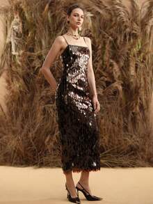 Arave Váy bó sát cơ thể bằng vải sequin và chỉ kim loại dành cho nữ, thanh lịch cho buổi hẹn hò - Cà phê nâu - Xem 7