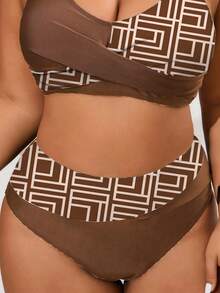 Swim Lushoire Plus Size One-Piece Solid Color & Random Geometric Print High Waist Patchwork Sexy Elegant Beach Vacation Women Bikini Bottom - Coffee Brown - View 6