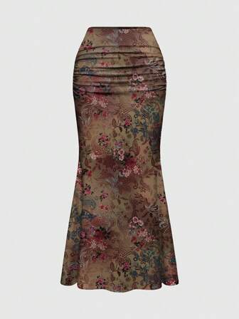 Fairycore Falda ajustada de sirena con estampado retro de flores oscuras y estilo hippie vintage para mujeres