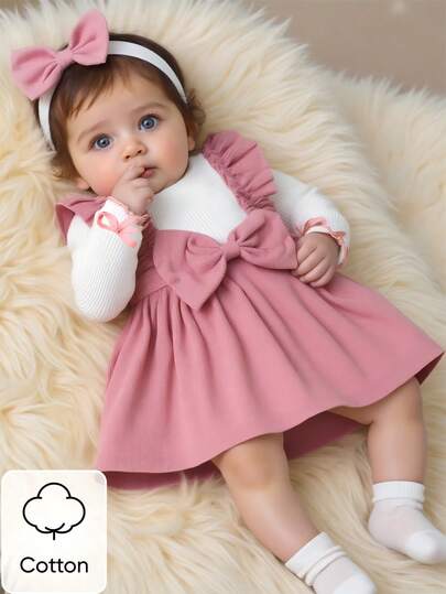 SHEIN Newborn Baby Girl's White Long-Sleeved Lace-Spliced Pink Bow Tie Dress And Hairband, New Style For Autumn And Winter, Elegant And Vintage, Comfortable Fabric, Cute