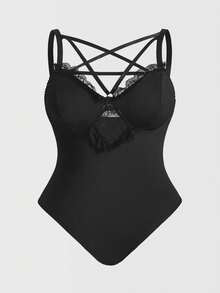 ROMWE Plus Size Gothic Pentagram Lace Sexy Lingerie Bodysuit - Black - View 1