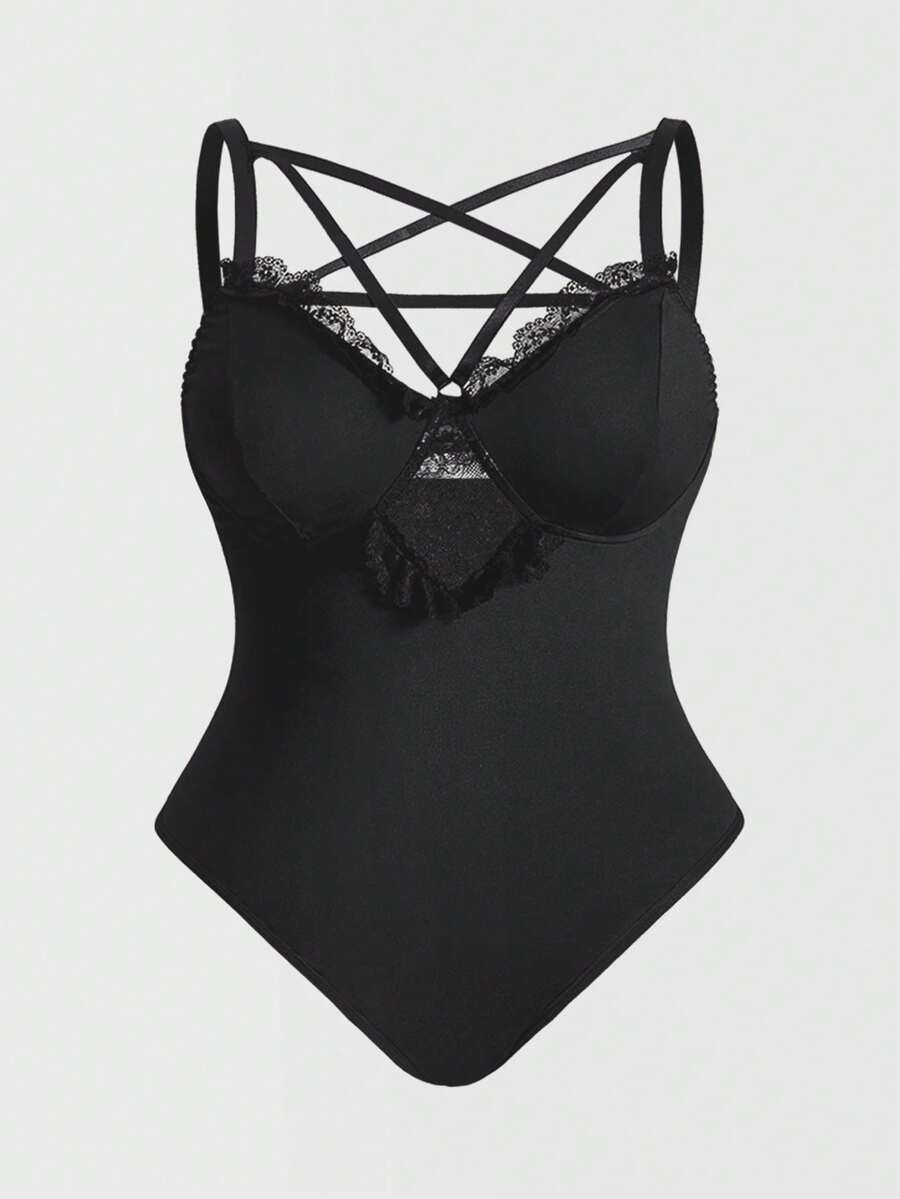 ROMWE Plus Size Gothic Pentagram Lace Sexy Lingerie Bodysuit - Black - View 1