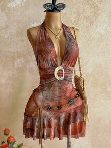 Soleia 女士露背深V领无袖修身荷叶边下摆迷你连衣裙 - 彩色 - 查看 3