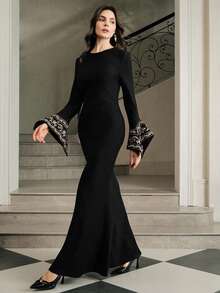 Anewsta Women's Elegant Long Sleeve Round Neck Mermaid Hem Fitted Dress, Embroidered With Gold Thread And Embellished With Rhinestones On Cuffs, Suitable For Daily Gatherings And Various Occasions