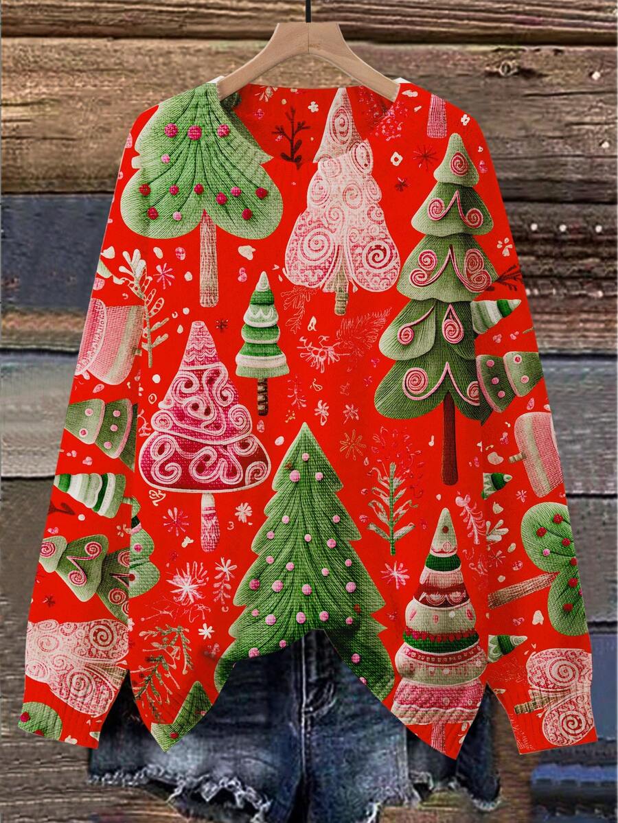 EMERY ROSE Pullover mit 3D-Weihnachtsbaum-Muster in Große Größen für Frauen - Roter und grüner Tannenbaumkragen, lässiger Rundhals-Strickpullover - Rot - Übersicht 1