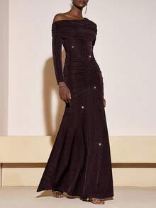 Zivah 2025 Autumn/Winter New Year, Valentine's Day, Party, Banquet, Date, Birthday Party, College Style, Student Wear, Daily Casual, Basic Versatile, Casual, Cruise Travel, Viral Hit, Elegant, Commute, Business Casual, Minimalist, Sexy Club, Asymmetrical Shoulder Long Sleeve, Waist-Cinched Fishtail Hem, Hip Crossover Ruched, Shimmery Dark Brown Fabric, Formal Dress, Party Maxi Dress, Women's Dress - Rust Brown - View 2