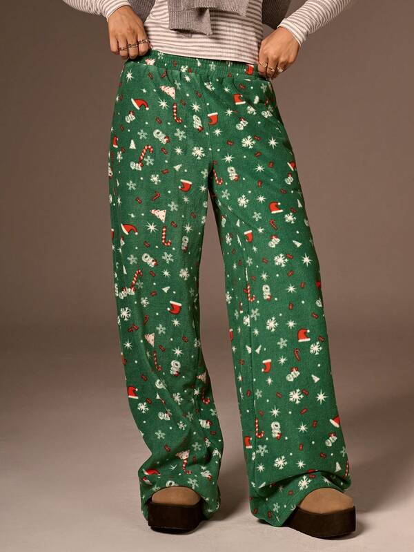 SHEIN Forever 21 Pantalones de chándal casuales de corte recto y ajuste holgado con cintura elástica y estampado de Navidad para mujer