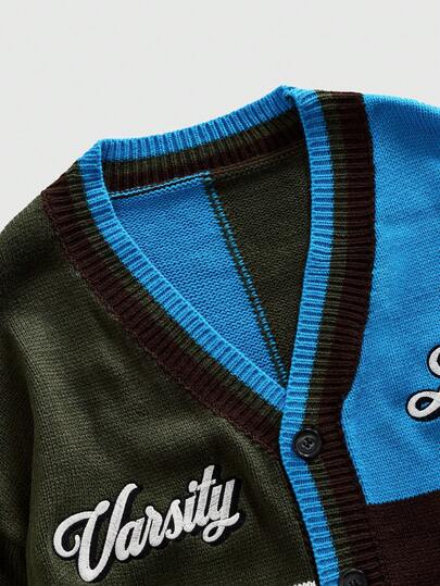 Men's Cardigan With Embroidered Contrast Color Knit Sweater, Retro Streetwear