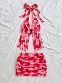 Soleia Bộ áo hai dây in họa tiết hoa giả và chân váy ngắn xếp ly cho nữ đi nghỉ mát, phong cách Boho, đi nghỉ - Hồng - Xem 3