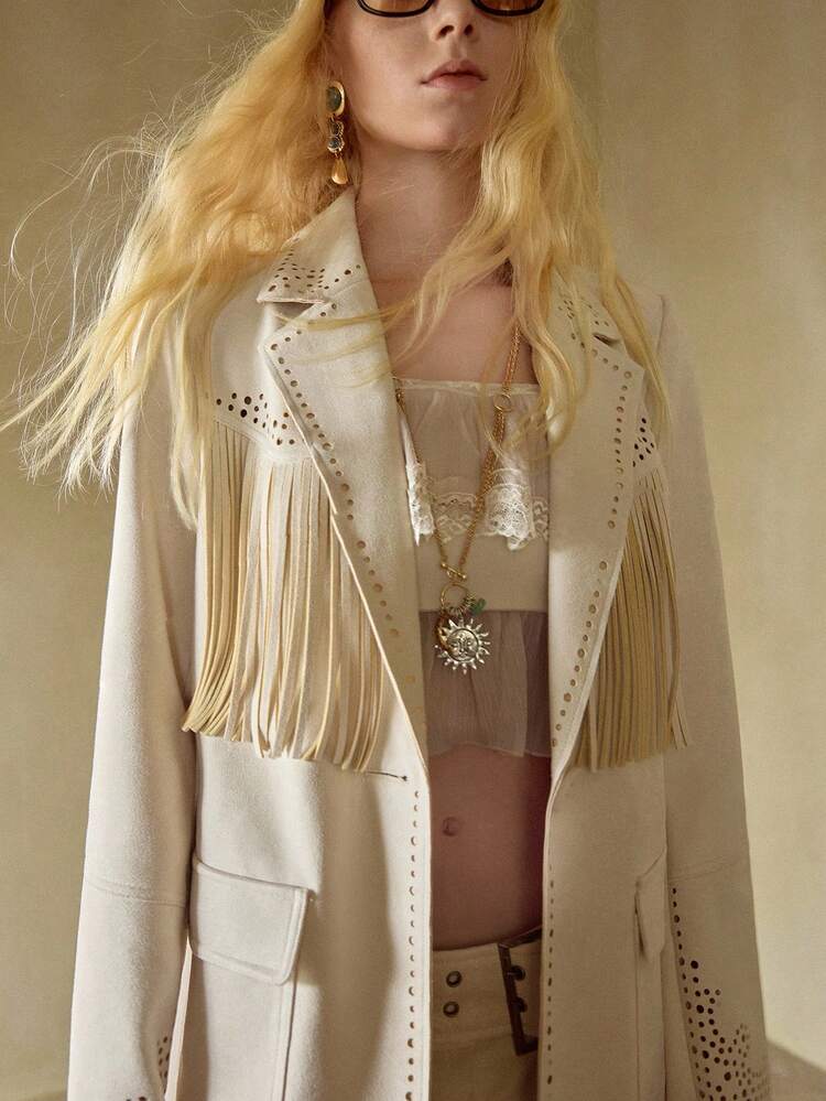 MOTF STUDIO WOMEN'S FRINGE DETAIL POINTELLE TRIM LAPEL COLLAR BLAZER, AUTUMN/WINTER