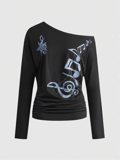 Y2K Sexy Babe Music Note Print Asymmetric Shoulder Design Batwing Sleeve Women Top