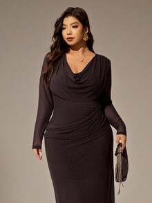 Auralis New Fashionable Elastic Mesh Sheer Bodycon Plunging Neck Cinched Waist Maxi Dress, Sexy Deep Draped Neck Long Sleeve Elegant Gown For Party, Wedding, Plus Size Cowl Neck Dress Ruched Dresses For Women Elegant Midi Dress Long Sleeve Elegant Dress/Concert/Performance Costumes/Date/High-End Banquet/Dance/Wedding Season/Valentine's Day/Party/Sexy/Commuting/Elegant And Romantic/Office Beauty/Siren Style/Birthday Party Outfits Brown - Brown - View 2