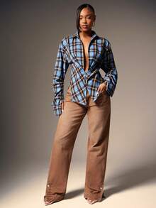 Women Twisted Front Low Neck Plaid Top - Blue - View 2