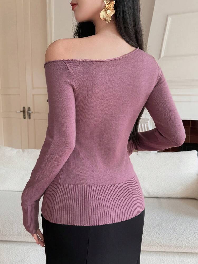 Women's Elegant Sequin Contrast Color Asymmetric Shoulder Sweater, Autumn/Winter