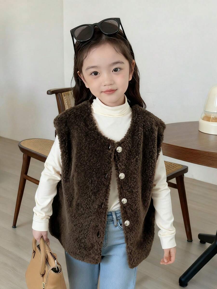 Genkimix Kids Genkimix Young Girl Girls Casual Solid Color Faux Wool Vest Jacket, Versatile Coffee Color Jacket, Suitable For Outings, School, Indoor Casual Wear - Coffee Brown - View 1