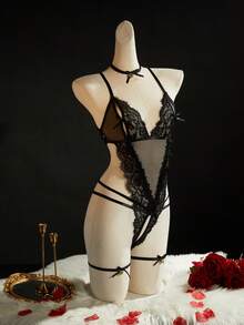 SpicyHot 4件套浪漫蕾丝露裆性感内衣套装 - 黑色 - 查看 5