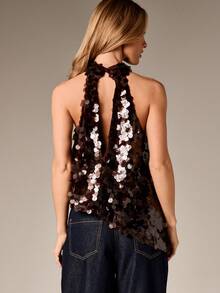 AiiRZ 不对称露背亮片吊带上衣，适合晚宴场合 - 咖啡棕 - 查看 2