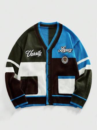 Men's Cardigan With Embroidered Contrast Color Knit Sweater, Retro Streetwear