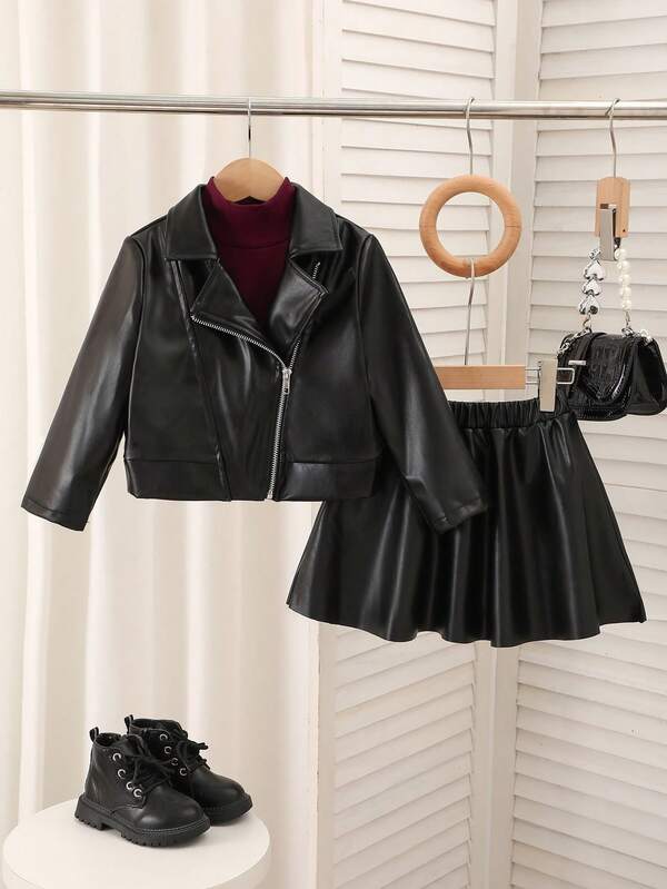 Young Girls' Chic Black PU Leather Jacket & Skirt Set, Soft & Shiny Texture, Short Motorcycle Jacket With Collar, Metal Zipper, Elastic Waist Skirt, Stylish Street Fashion Outfit For Girls, Autumn/Winter