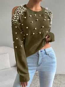 SHEIN LUNE Women's Elegant Pearl Embellished Off-Shoulder Sweater, Autumn/Winter - Green - View 3