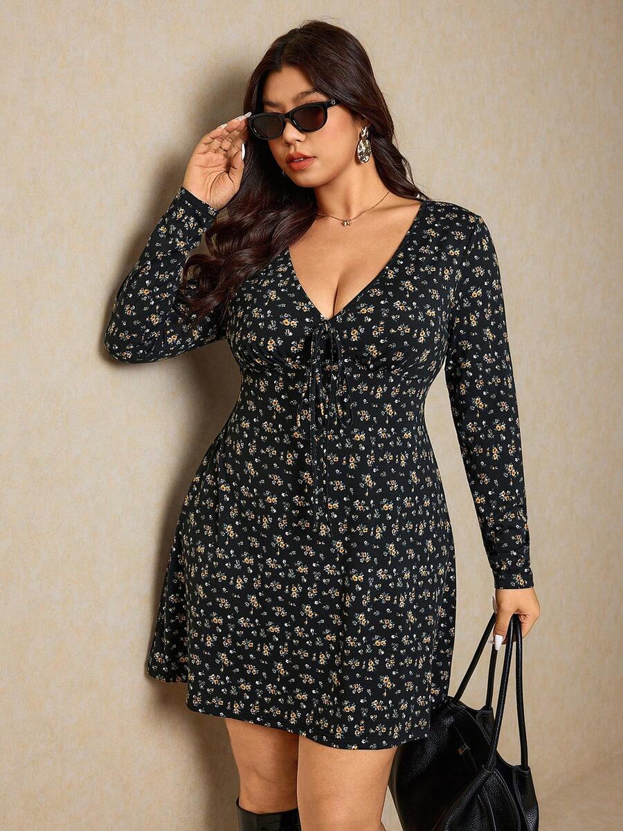 Elaquor Plus Size Women Ditsy Floral Front Tie Long Sleeve Casual Dress/Valentine's Day Spring - Black - View 1