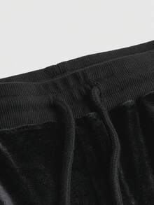 ROMWE Goth Baddie Casual Y2K Rhinestone Cross Front Zipper Hoodie & Flare Pants Set With Tie Bowknot & Velvet Fabric, Stretchy Knitted In Solid Black, Women